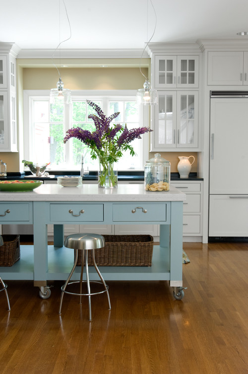 white modern <strong>farmhouse</strong> kitchen with light blue kitchen island