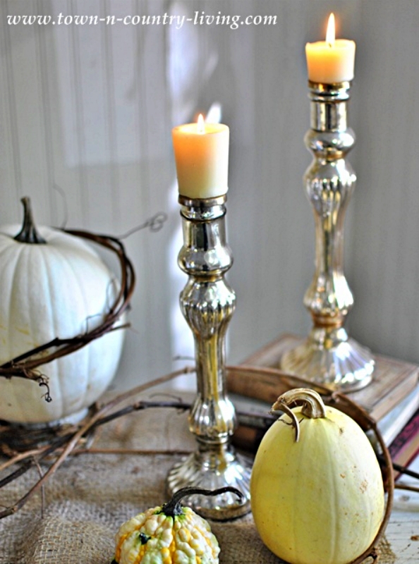 Halloween Decorating with Candlesticks, Gourds, and White Pumpkins
