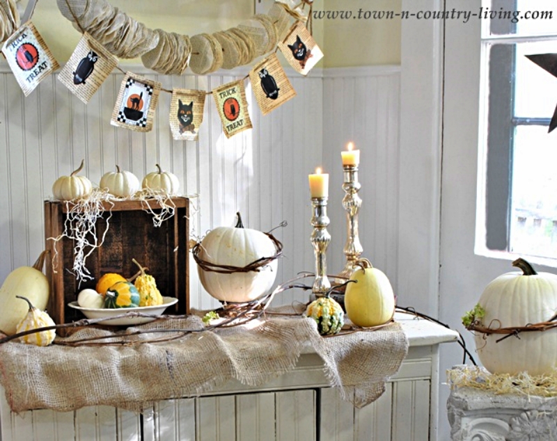 Natural Halloween Decor with Gourds, Crate, and Burlap