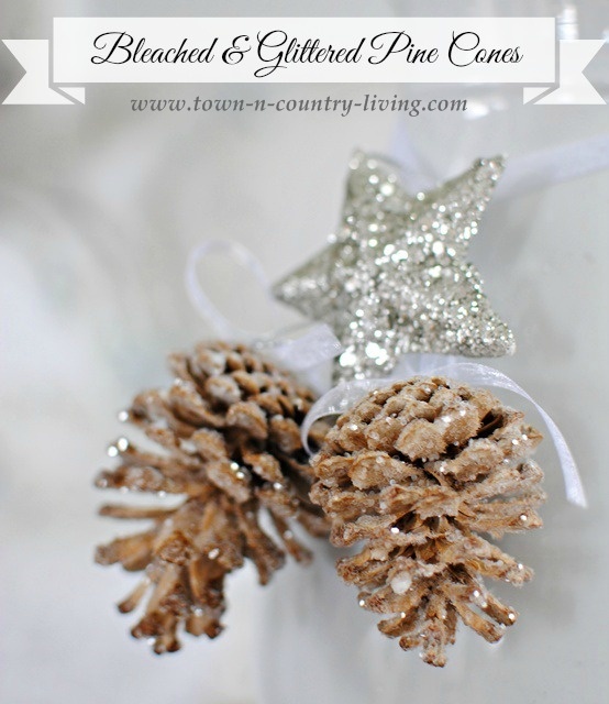 DIY Bleached and Glittered Pine Cone Ornaments