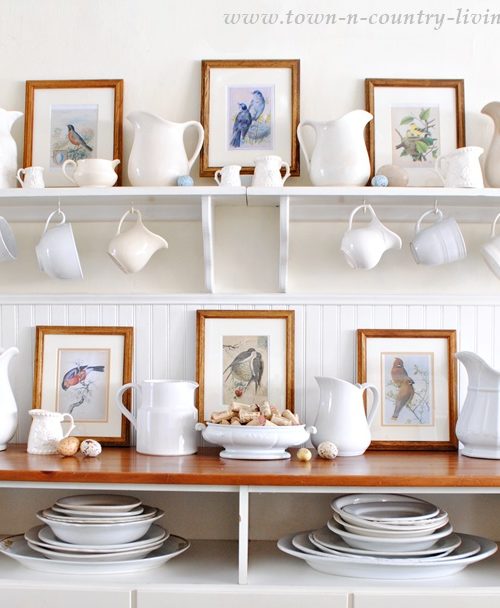 Bird Prints with white ironstone makes a pretty spring vignette for your home. Download the free printable to create your own bird prints.