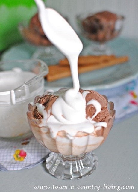 Homemade Chocolate Ice Cream with Marshmallow Sauce