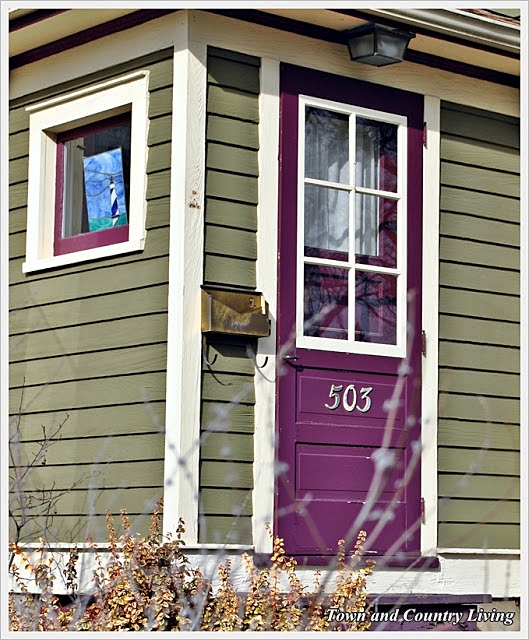 Purple Door on a Green Clapboard House. Unique Color Combinations Create Visual Appeal.