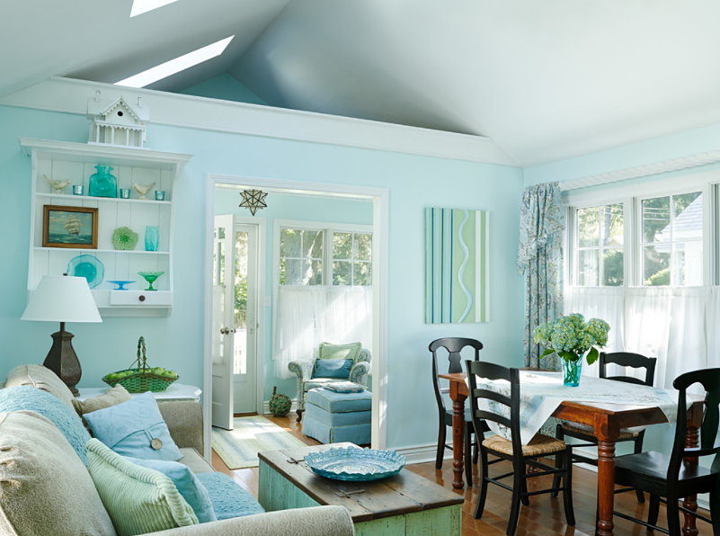 Blue and green cottage living room
