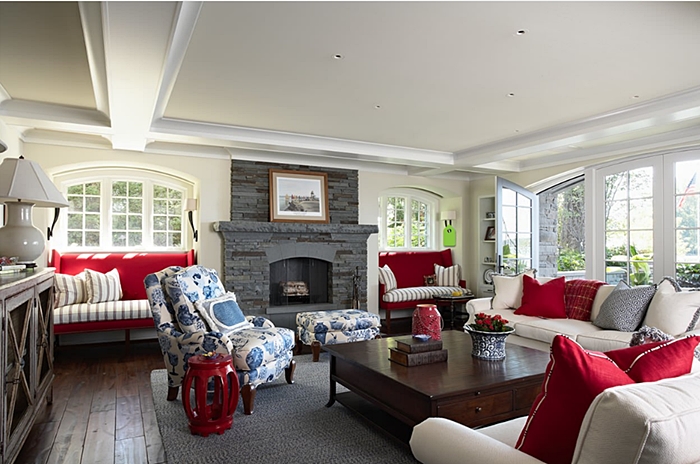 Living Room Decorated in Red, White, and Blue