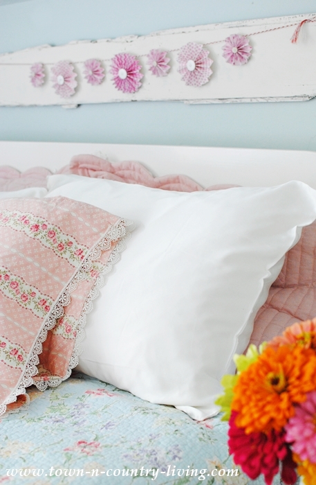 Summer Bedroom with Silk and Vintage Style Pillowcases