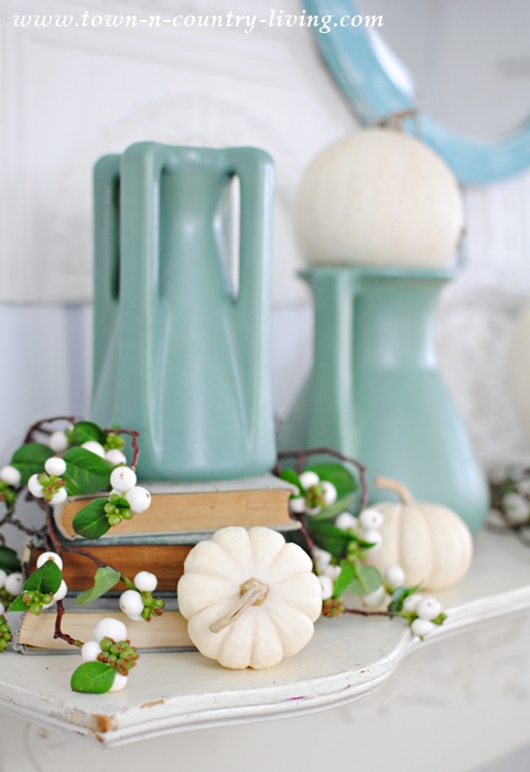 Non-Traditional Fall Mantel in White and Blue-Green