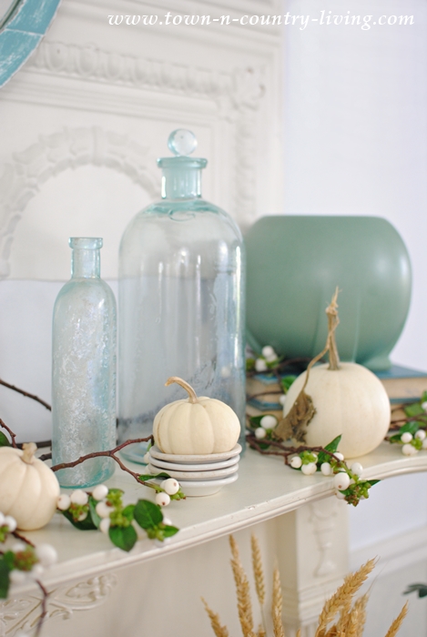 Non-Traditional Fall Mantel in White and Blue-Green