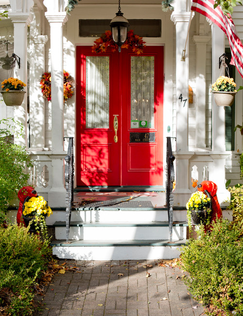 Fall Front Porch with Pretty Red Door