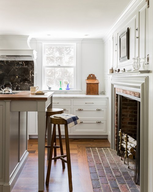 Colonial Farmhouse Kitchen with Fireplace