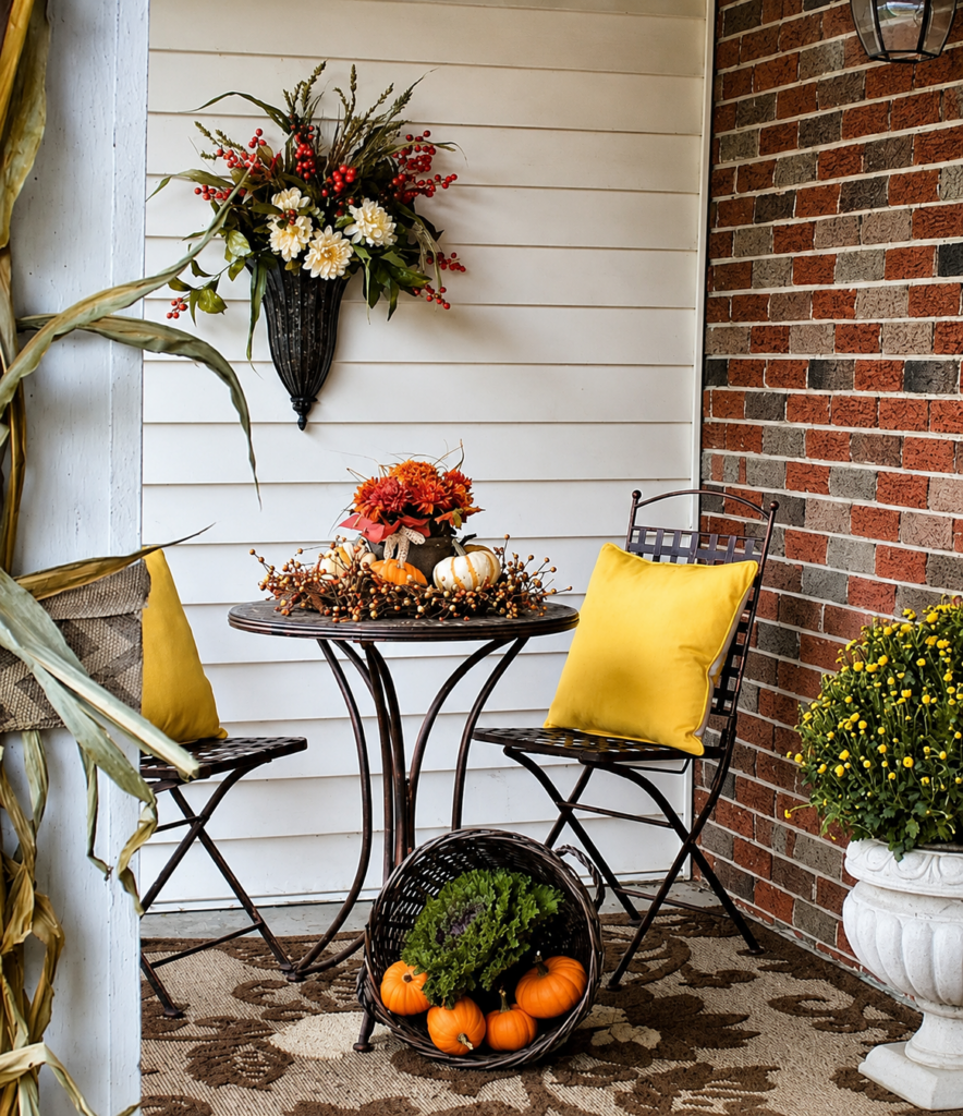 fall front porch with cafe table
