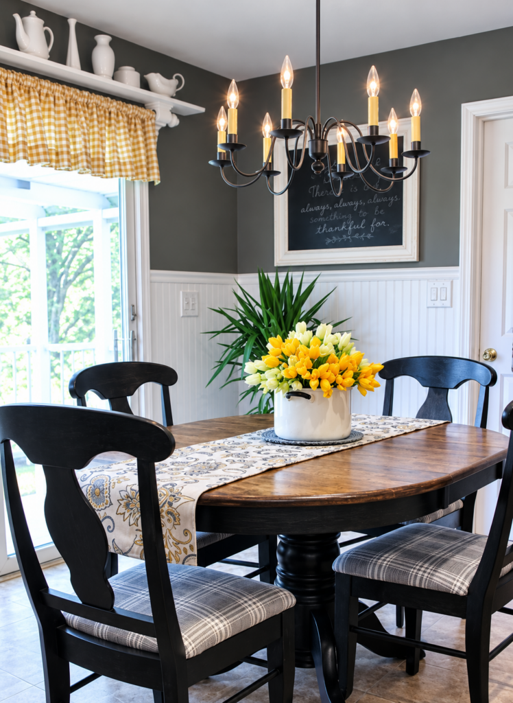 country style dining room in charcoal gray and yellow