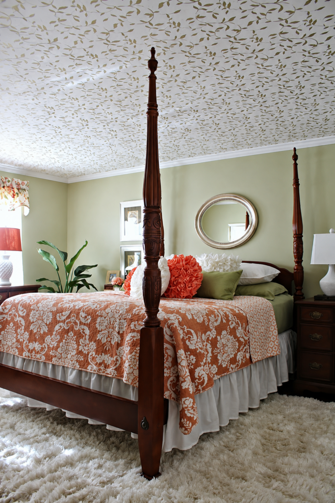 four-poster bed in bedroom with wallpapered ceiling