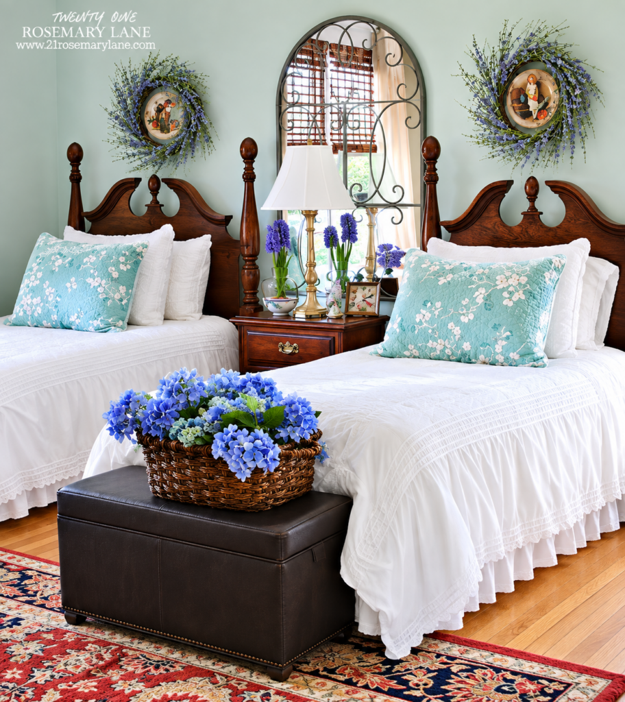 twin beds in aqua and white guest bedroom