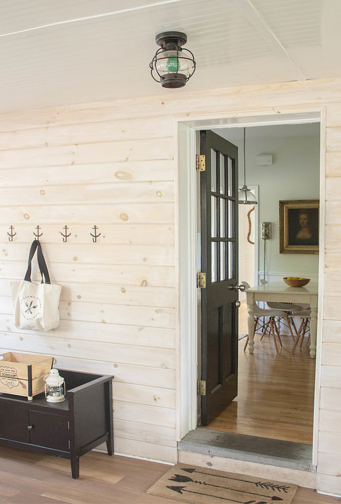 back porch with wood paneling