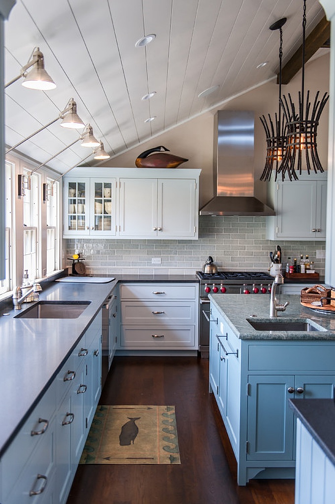 east coast kitchen with pale blue cabinets