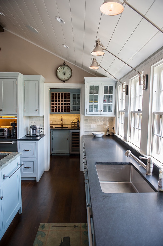 east coast kitchen with pale blue cabinets