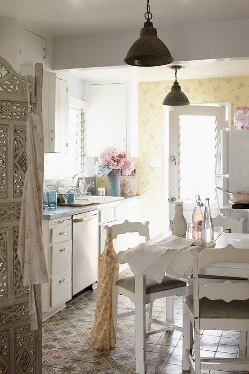 Shabby Chic Kitchen with Floral Wallpaper