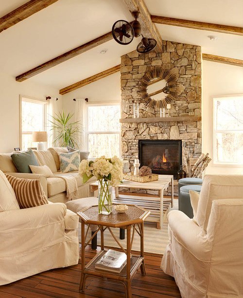 Farmhouse living room in neutral tones
