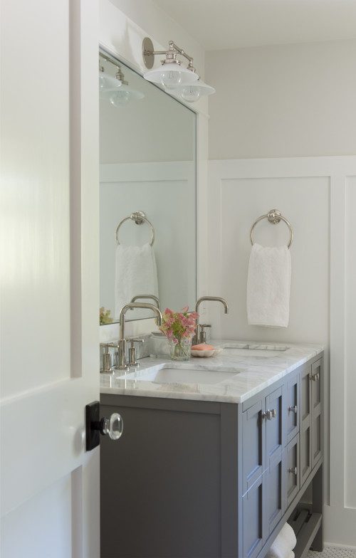 white bathroom with gray vanity