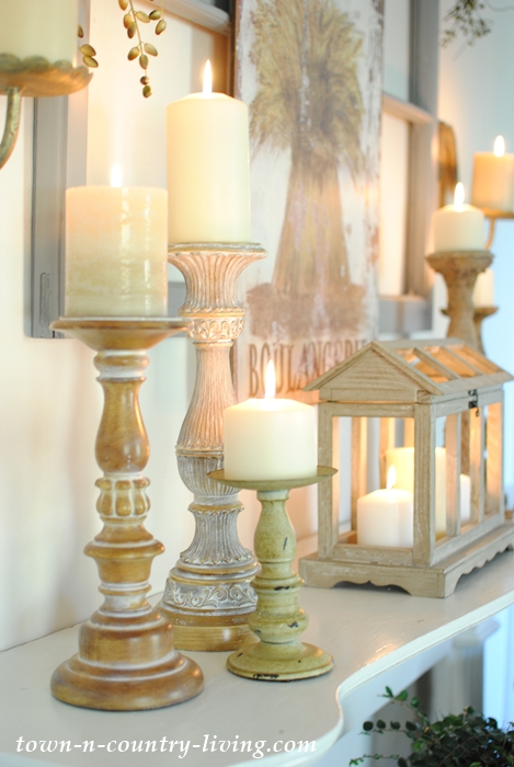 Wooden Candle Holders on Vintage Mantel