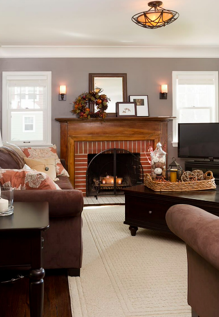 small living room with wood fireplace