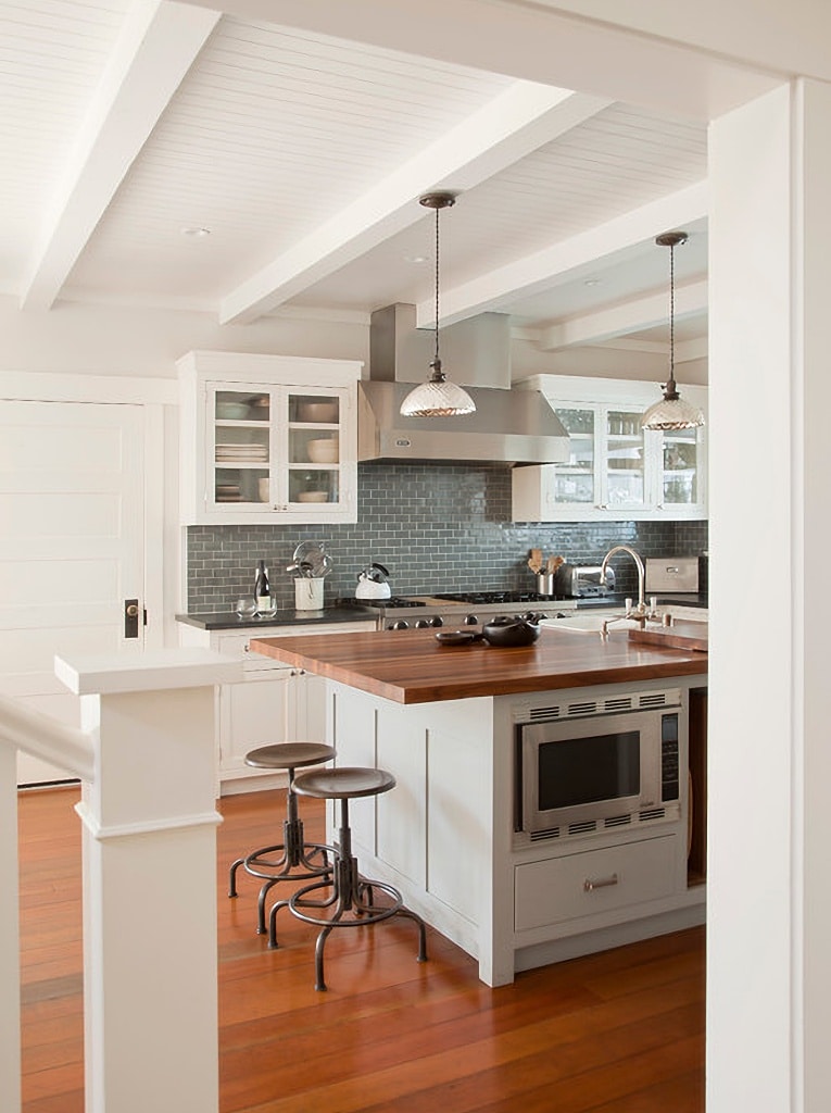 transitional kitchen in white and gray blue