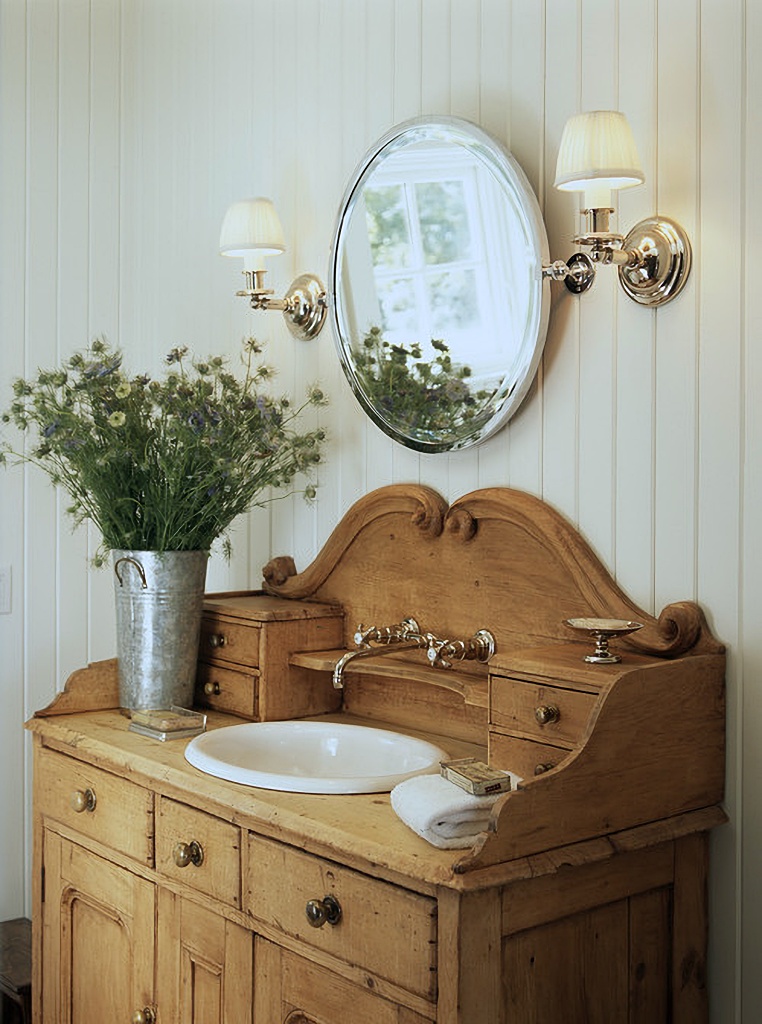 vintage wood vanity in bathroom