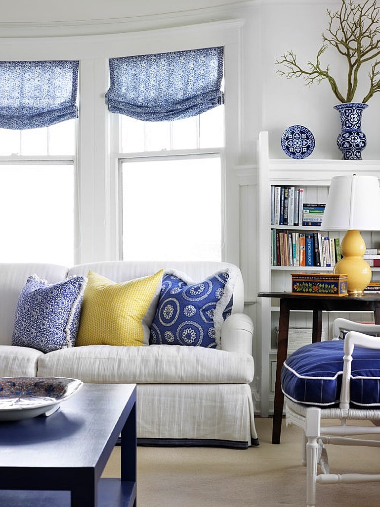 blue and yellow cottage living room