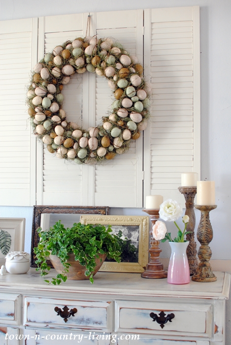 Easter Egg Wreath and Spring Vignettes on Dining Buffet