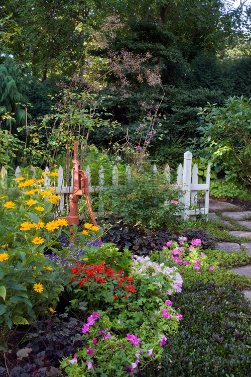 Cottage Garden with Picket Fence and Flagstone Path