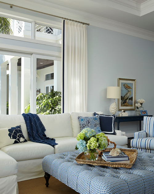 Beach Style Living Room in Blue and White