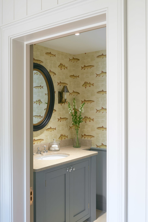 Country Style Powder Room with Wallpaper