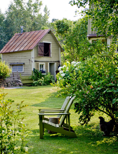 Country Garden with quaint shed and Adirondack chairs