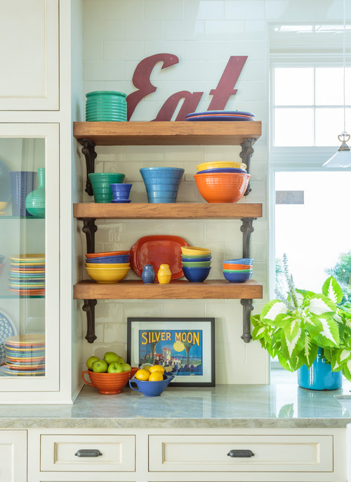 Colorful Fiesta Ware Collection on Kitchen Open Shelving