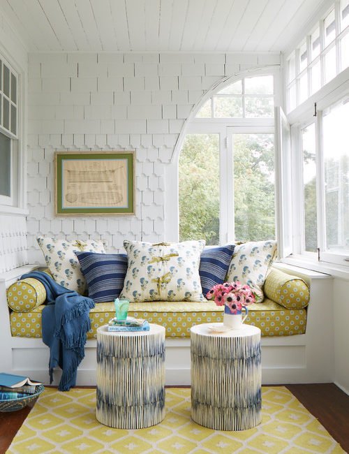 Beach Style Sun Room with Playful Patterns in Blue and Yellow