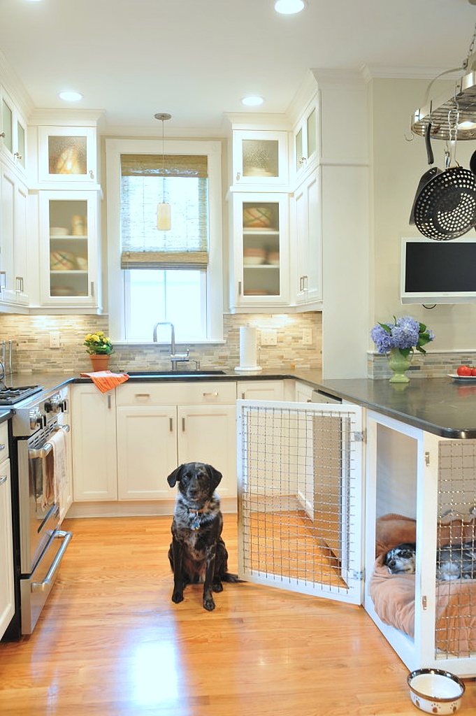 built-in dog crate in kitchen