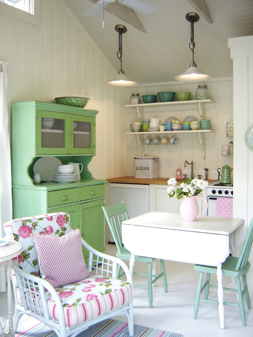 Colorful Kitchen with Mint Green Hutch and Open Shelves