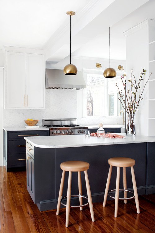 Blue Cabinets with Kitchen Peninsula and Marble Counter Tops