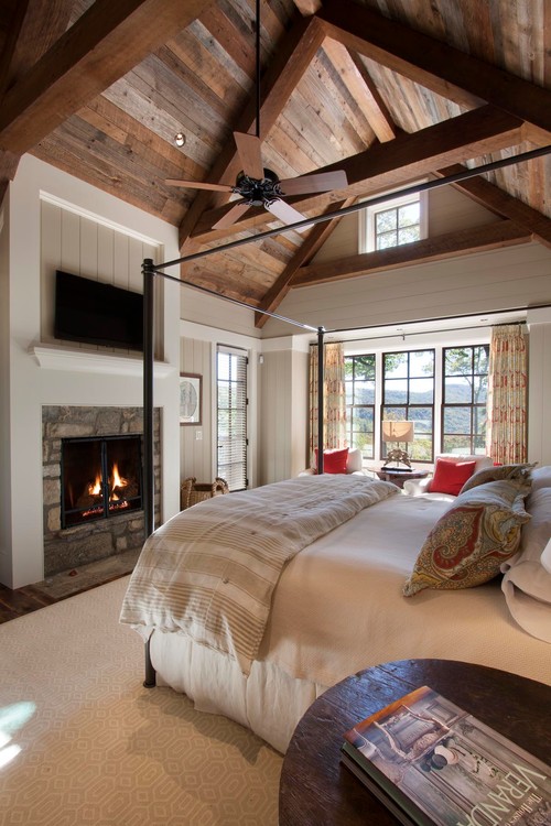 Country Style Bedroom with Reclaimed Wood Vaulted Ceiling