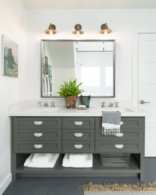 White and Gray Bathroom with Large Double Sink Vanity