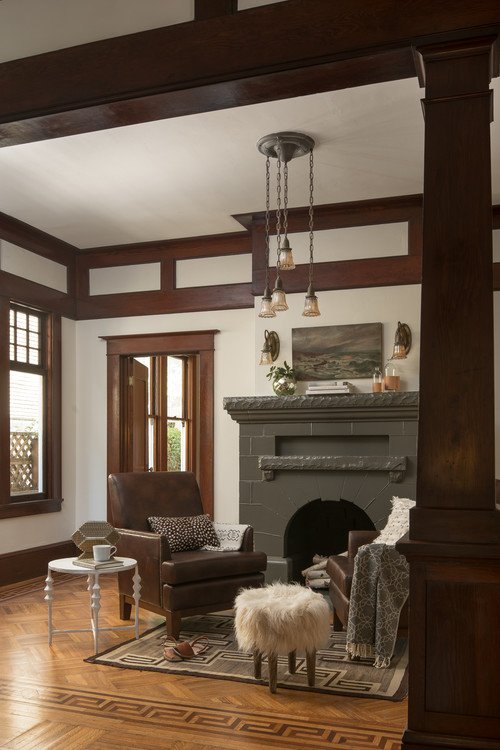 Craftsman Living Room with Vintage Fireplace and Leather Furniture