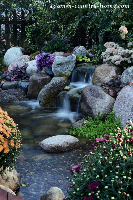 Aquascape Garden Pond and Waterfall with Fall Mums