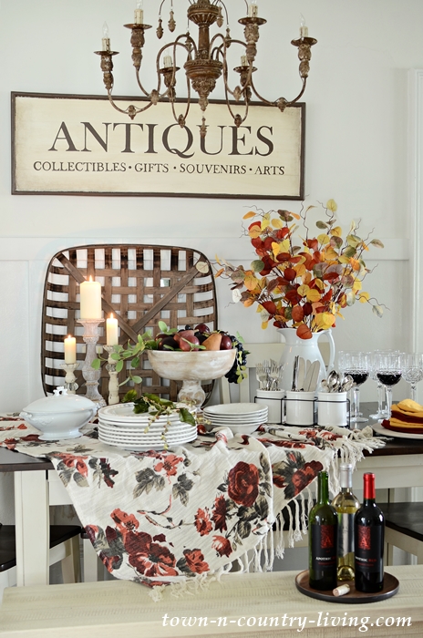 Fall Buffet Table with White Dishes and Autumn Accents