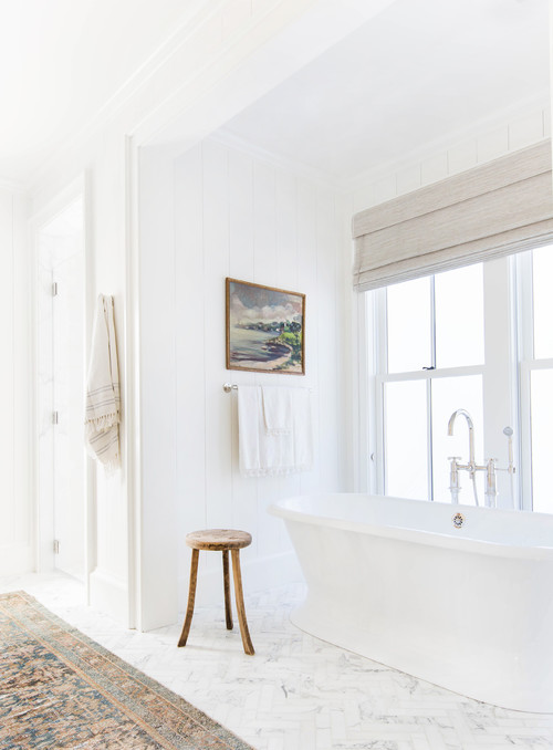 White Farmhouse Bathroom with Landscape Painting for Wall Decor