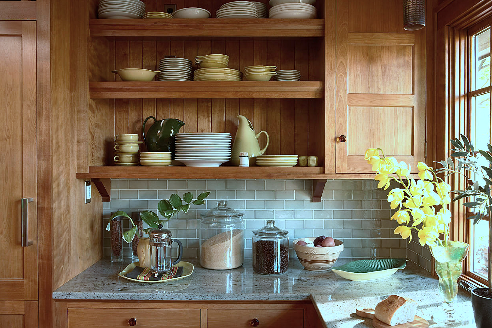 kitchen shelves with pottery