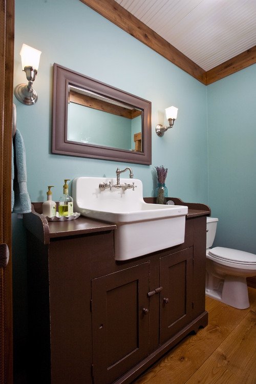 Farmhouse Cupboard with Sink Serves as Bathroom Vanity