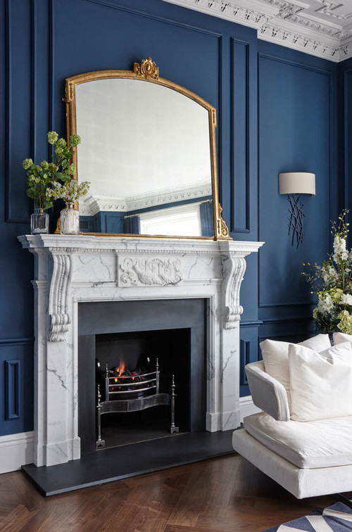 Gorgeous Marble Fireplace in Navy Blue Living Room