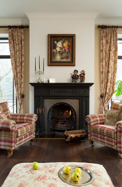 English Country Living Room with Victorian Fireplace