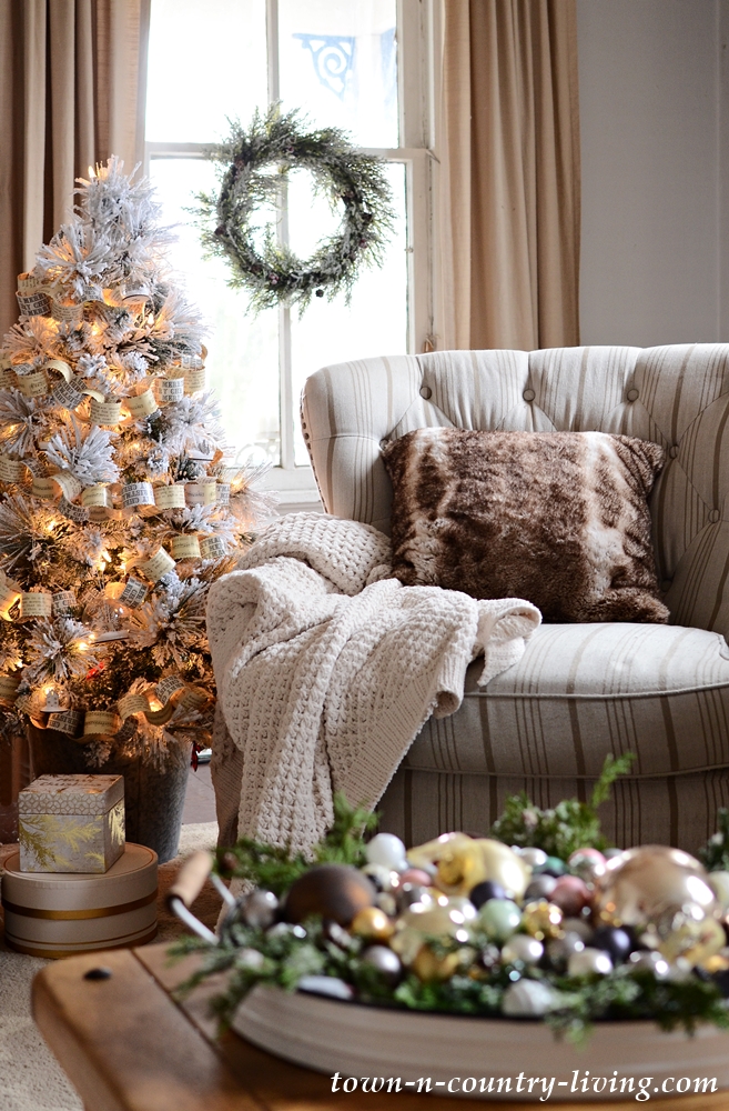 Faux Fur Pillows and Throws in Christmas Family Room